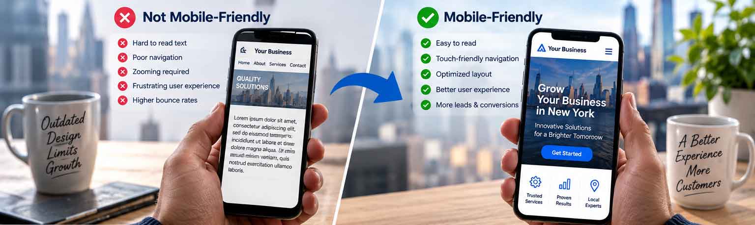 Comparison of non-mobile-friendly and mobile-friendly website designs on smartphones