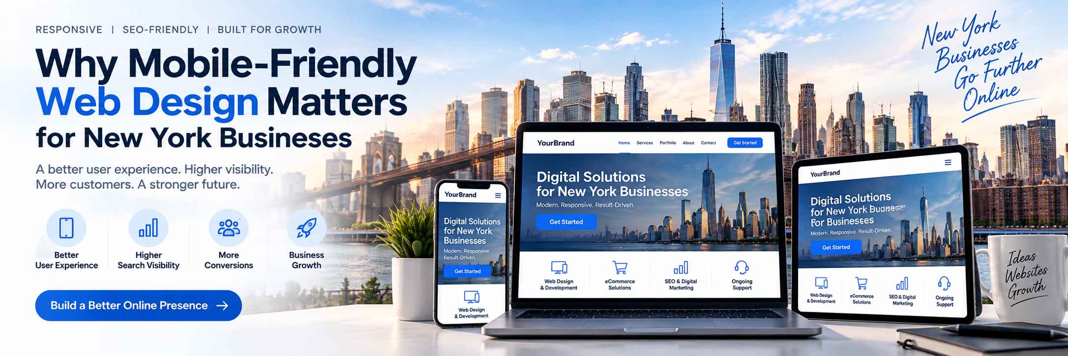Mobile-friendly web design for New York businesses displayed across smartphone, laptop, and tablet