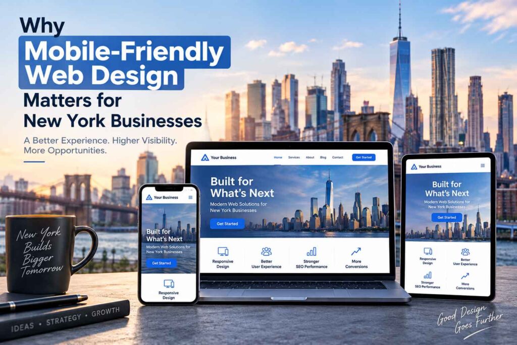 Mobile-friendly web design for New York businesses on smartphone, tablet, and laptop